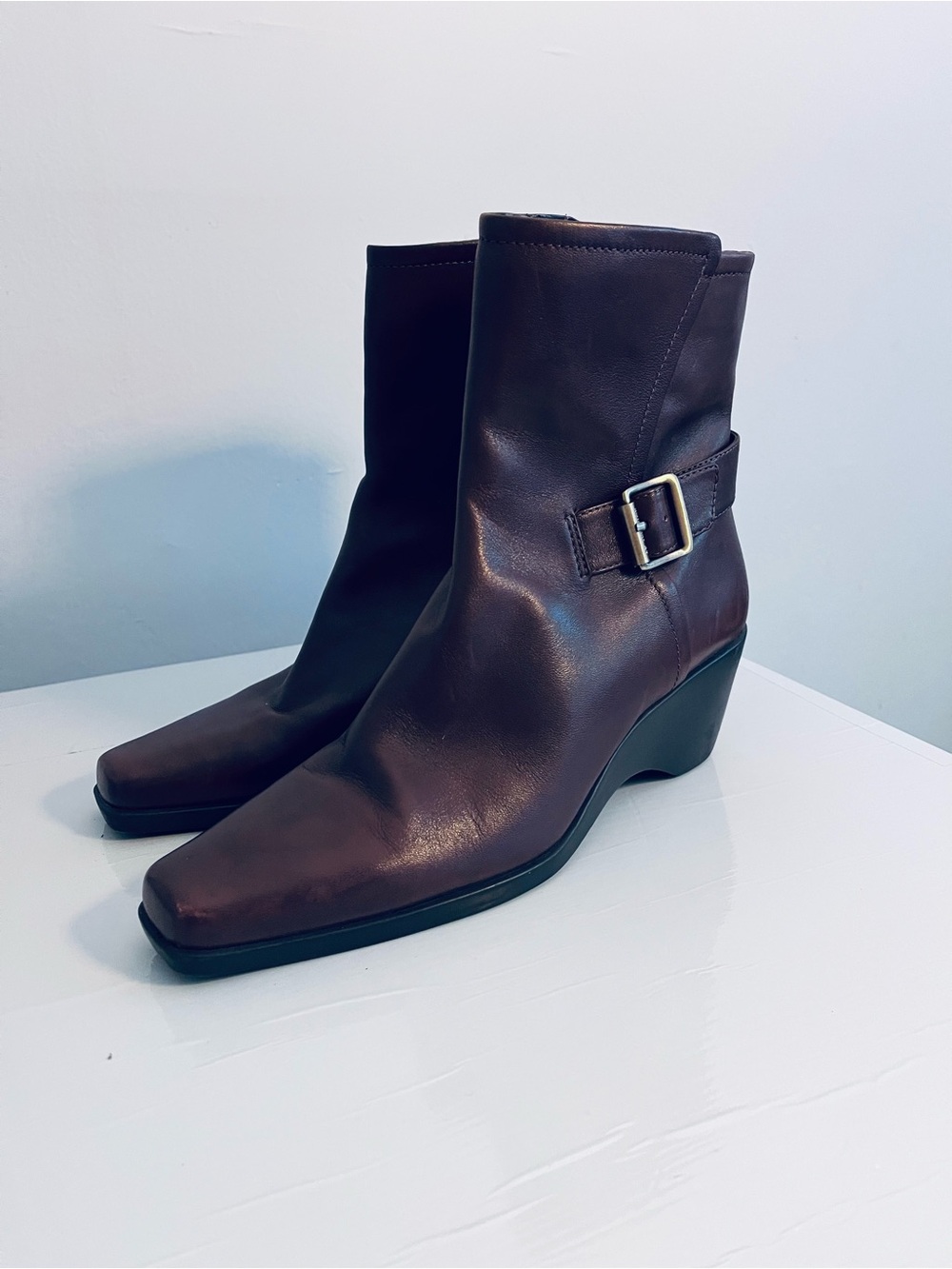 Anne Klein Dark Brown Leather Ankle Boots with Buckle